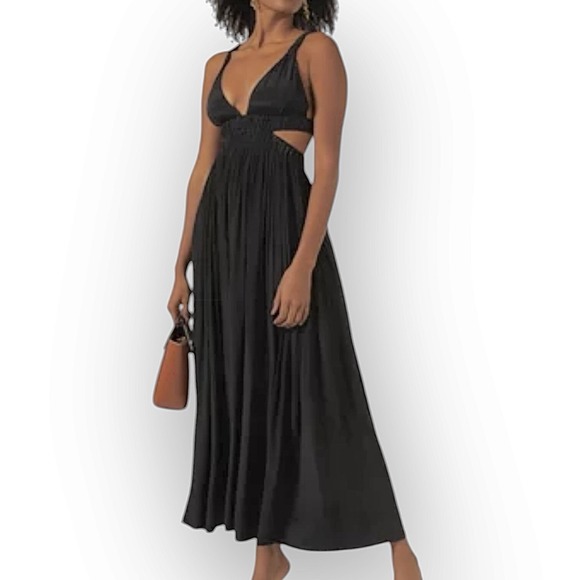 Magali Pascal Jillian Silk Blend Maxi Dress Size XL Black Cutout Open Back - Picture 1 of 14